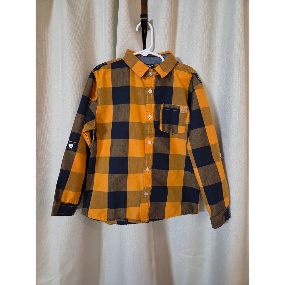 American Hawk Boys Gold Navy Buffalo Plaid Button Down Shirt Size 7